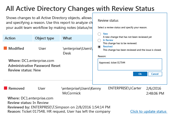 All Active Directory Changes with Review Status report from Netwrix Auditor: Action, Object type, What, Who and When with ability to review changes