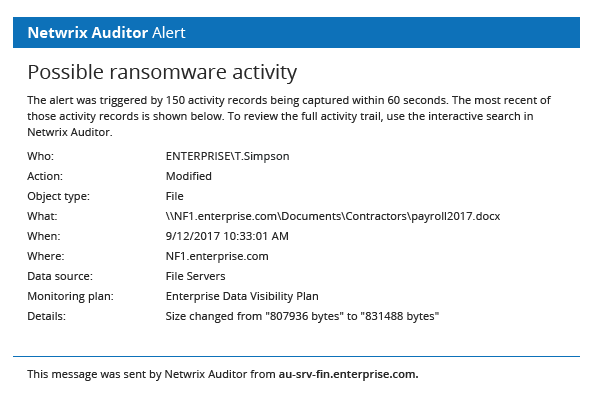 Netwrix Auditor Alert on Possible WannaCry ransomware activity