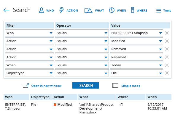 Interactive Search feature from Netwrix Auditor: Who, Object type, Action, What, Where and When
