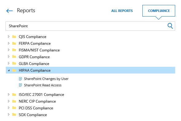 Compliance reports from Netwrix Auditor: CJIS, FERPA, FISMA, NIST, GDPR, GLBA, HIPAA, ISO/IEC 27001, NERC CIP, PCI DSS and SOX compliance