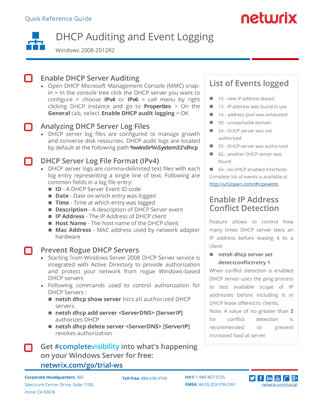 DHCP Auditing and Event Logging Quick Reference Guide PDF cover