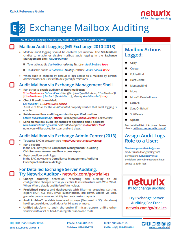 Exchange Mailbox Auditing Quick Reference Guide