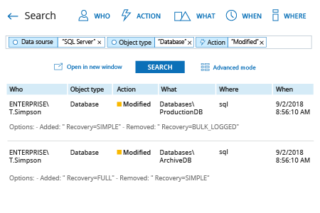 how to find database changes in sql server: Netwrix Auditor Interactive Search result