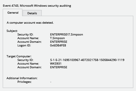 Microsoft Windows Security Event 4743: a computer account was deleted