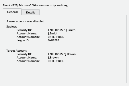 Microsoft Windows Security Event 4725: A user account was disabled