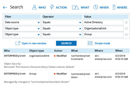 Netwrix Auditor Search: detect changes to organizational units and groups in Active Directory 