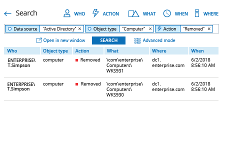 Netwrix Auditor Search: who deleted a computer account in Active Directory