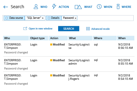 how to track login password changes in SQL Server: Netwrix Auditor Interactice Search result