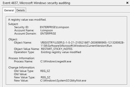 Microsoft Windows security event 4657: a registry value was modified